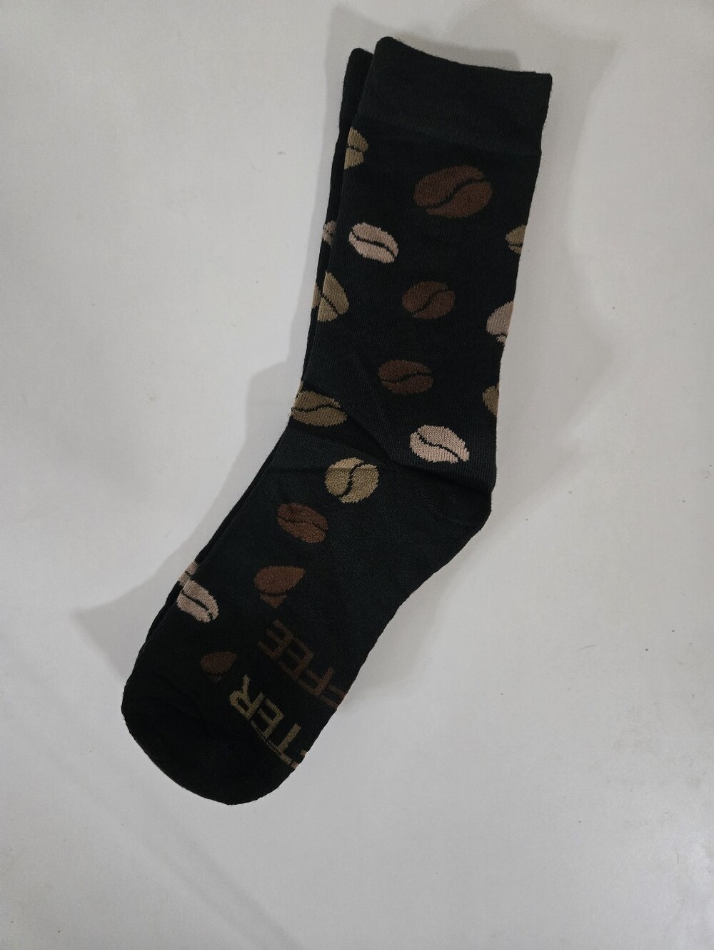 Coffee Bean Novelty Crew Socks “Life Begins After Coffee” Black Brown Tan